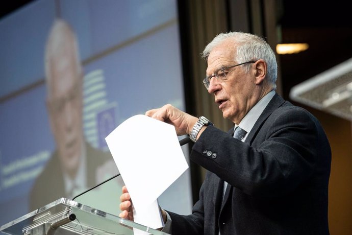HANDOUT - 25 January 2021, Belgium, Brussels: European Union High Representative for Foreign Affairs and Security Policy Josep Borrell speaks during a press conference following an EU Foreign Ministers meeting at the EU headquarters. Photo: Zucchi-Enzo/