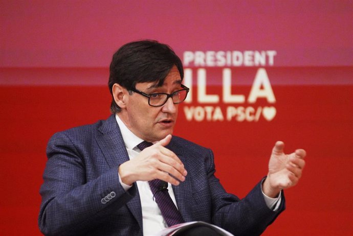 El candidato socialista a la Presidencia de la Generalitat, Salvador Illa, durante un acto telemático sobre feminismo Calvo en el marco de la campaña electoral del PSC, en Barcelona, Catalunya (España), a 5 de febrero de 2021.