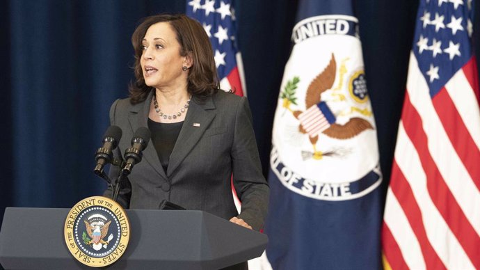 04 February 2021, US, Washington: US Vice President Kamala Harris addresses employees during a press conference at the Department of State Harry S. Truman Building. Photo: Freddie Everett/State Department/Planet Pix via ZUMA Wire/dpa