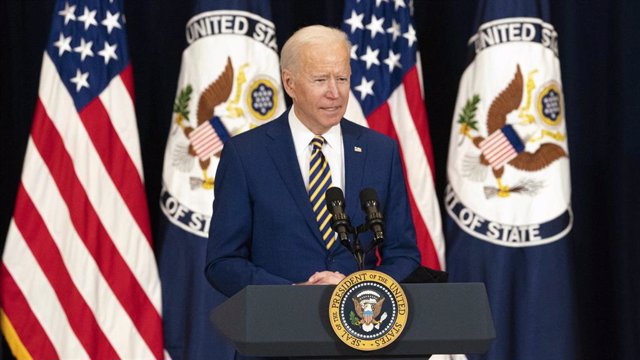 04 February 2021, US, Washington: US President Joe Biden delivers remarks in his first major address on foreign policy during a press conference at the Department of State Harry S. Truman Building. Photo: Freddie Everett/State Department/Planet Pix via ZU