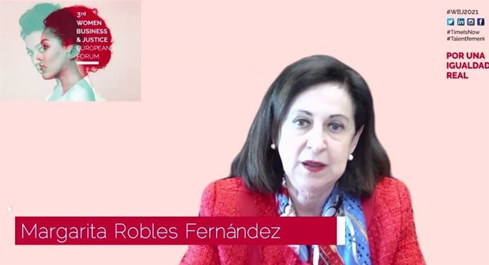 Peu: la ministra de Defensa Margarita Robles interviene en la clausura del 'III WomenBusiness & Justice European Forum 2021'. El 5 de febrero de 2021