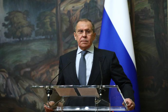 HANDOUT - 14 January 2021, Russia, Moscow: Russian Foreign Minister Sergey Lavrov and his Saudi counterpart Faisal bin Farhan al-Saud (not pictured) attend a joint press conference following their meeting. Photo: -/Russian Foreign Ministry/dpa - ATTENTI
