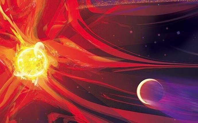 Impresión artística de la muy joven enana roja eruptiva AU Mic y su planeta AU Mic b recientemente descubierto. Al fondo se puede ver el disco de escombros a partir del cual se formó el planeta