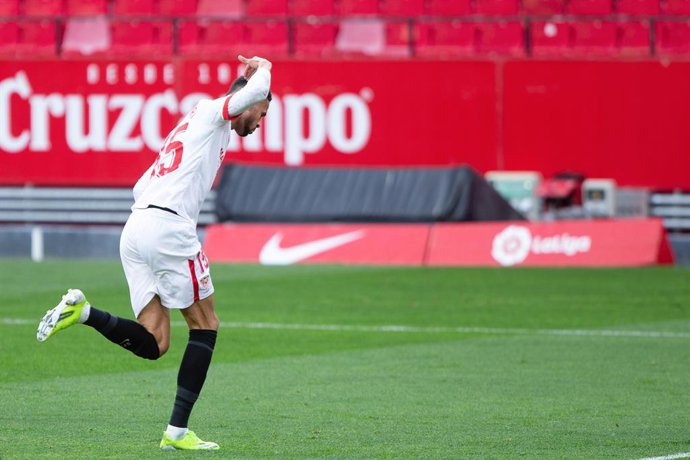 Celebrate score of Youssef En-Nesyri of Sevilla during LaLiga, football match played between Sevilla Futbol Club and Cadiz Club de Futbol at Ramon Sanchez Pizjuan Stadium on January 23, 2021 in Sevilla, Spain.