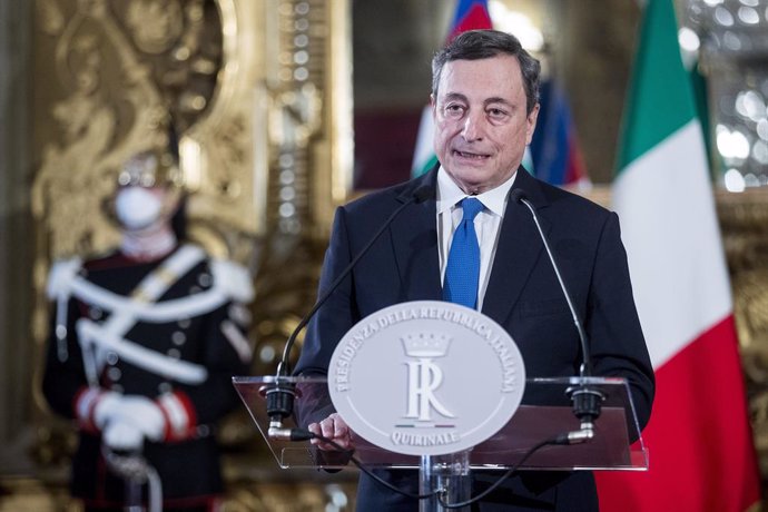 03 February 2021, Italy, Rome: Former President of the European Central Bank Mario Draghi delivers a Statement after a meeting with Italian President Sergio Mattarella at the Quirinal Palace for consultations to form a new government following the resig