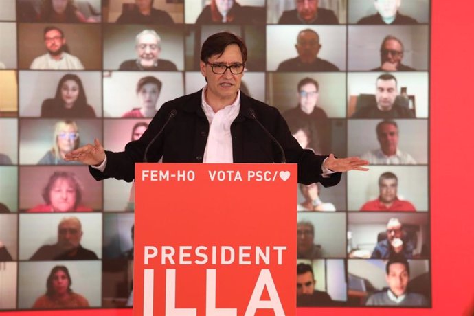 El candidato socialista a las elecciones catalanas, Salvador Illa, en un mitin telemático en Lleida.