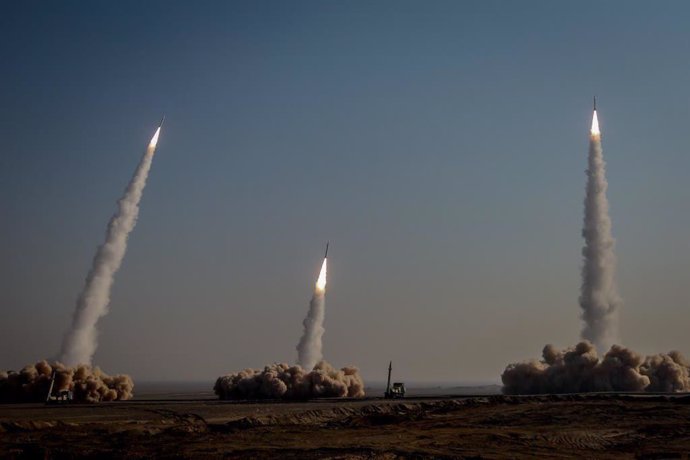 HANDOUT - 15 January 2021, Iran, ---: A picture made available on 16 January 2021 shows Iranian long range missiles launching during a military drill held as part of the 15th Great Prophet manoeuvrers at an undisclosed location in Iran's Great Salt Dese