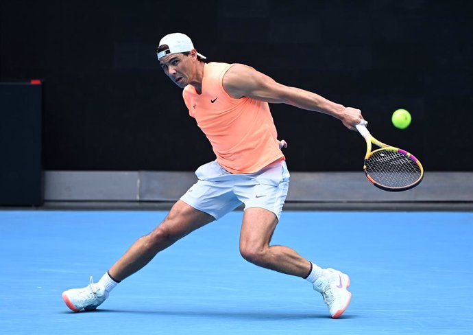Rafael Nadal of Spain is seen during a practice session at Melbourne Park in Melbourne, Sunday, February 7, 2021. (AAP Image/Dave Hunt) NO ARCHIVING, EDITORIAL USE ONLY