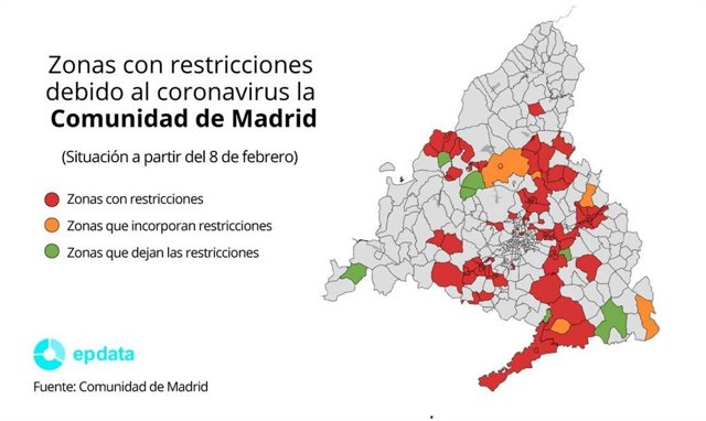 Zonas con restricciones para contener el coronavirus en la Comunidad de Madrid a partir del lunes 8 de febrero