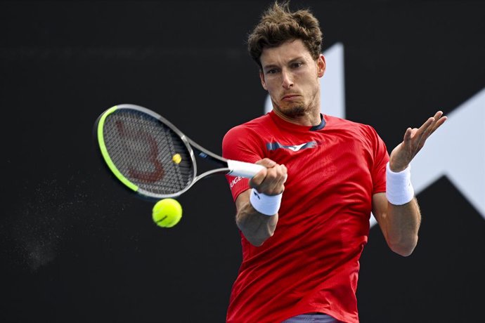 Pablo Carreno Busta of Spain in action during his first Round Men's singles match against Kei Nishikori of Japan on Day 1 of the Australian Open at Melbourne Park in Melbourne, Monday, February 8, 2021. (AAP Image/Dean Lewins) NO ARCHIVING, EDITORIAL US