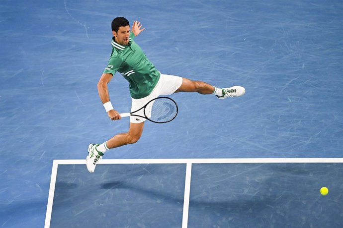 Novak Djokovic of Serbia in action during his first Round Men's singles match against Jeremy Chardy of the United States of America on Day 1 of the Australian Open at Melbourne Park in Melbourne, Monday, February 8, 2021. (AAP Image/Dave Hunt) NO ARCHIV