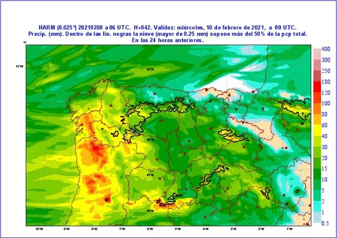 Mapa elaborado por la Aemet sobre la previsión de precipitaciones en CyL en la jornada del martes 9 de febrero