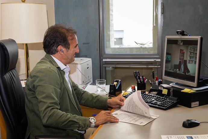 El consejero municipal de Acción Social y Familia del Ayuntamiento de Zaragoza, Ángel Lorén, en una videoconferencia
