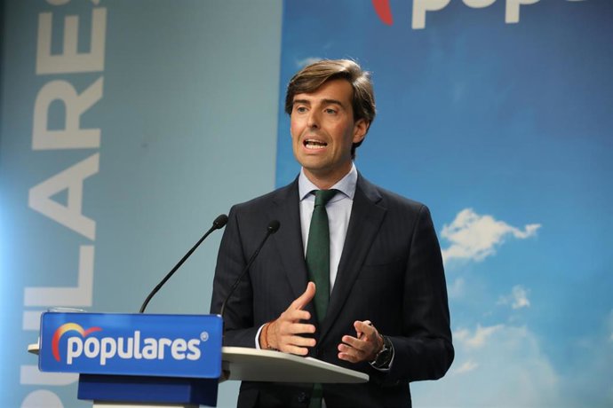 El vicesecretario de Comunicación del PP, Pablo Montesinos, durante la rueda de prensa en la sede nacional del Partido Popular.
