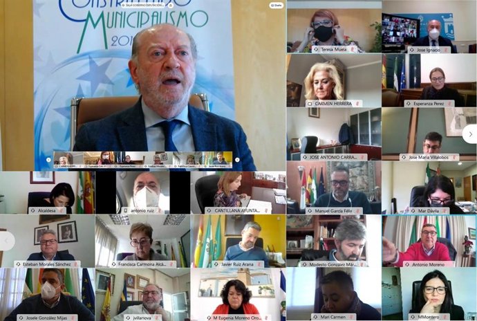 El presidente de la FAMP, Fernando Rodríguez Villalobos, este lunes durante la reunión telemática de la Ejecutiva y el Consejo Municipalista Andaluza de este organismo.