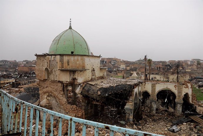 Los restos de la mezquita Al Nuri en Mosul en diciembre de 2018