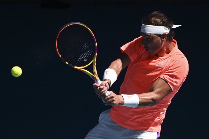 Rafael Nadal of Spain in action during his first Round Men's singles match against Laslo Djere of Serbia on Day 2 of the Australian Open at Melbourne Park in Melbourne, Tuesday, February 9, 2021. (AAP Image/Dean Lewins) NO ARCHIVING, EDITORIAL USE ONLY