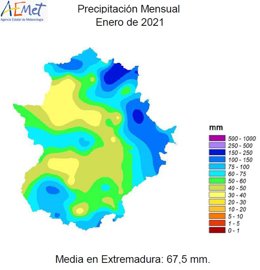 Precipitaciones medias de enero en Extremadura