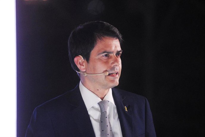 El número 3 de la lista y alcalde de Igualada (Barcelona), Marc Castells interviene durante el inicio de campaña del PDeCAT, en el Recinto Modernista Sant Pau, en Barcelona, Catalunya (España), a 28 de enero de 2021. El PDeCAT, tras su ruptura con JxCat
