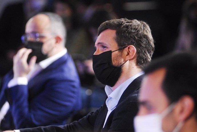 El presidente del PP, Pablo Casado, durante un acto de campaña.