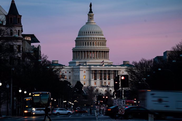 WASHINGTON, DC - FEBRUARY 08: The sunsets over the U.S. Capitol Building on Monday, Feb. 8, 2021 in Washington, DC. The Senate is scheduled to begin the second impeachment trial of former President Donald Trump on Feb. 9. (Kent Nishimura / Los Angeles T