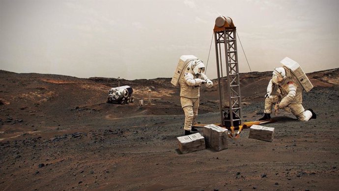 Recreación de astronautas perforando en Marte para buscar depósitos de hielo de agua