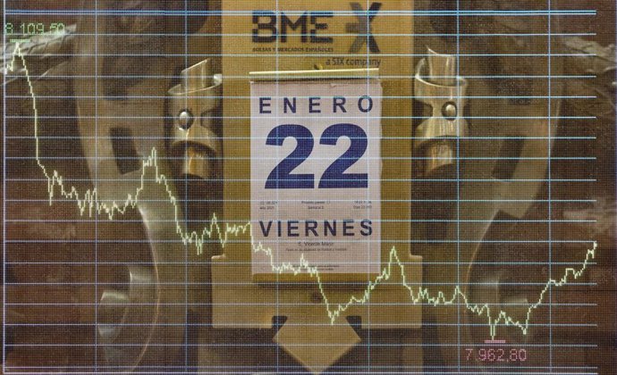 Calendario colocado en el Palacio de la Bolsa, en Madrid, (España), a 22 de enero de 2021. Durante este viernes el Ibex 35 retrocedía un 1,6% en la media sesión, lo que ha llevado al selectivo a situarse en los 7.991,9 enteros a las 12.02 horas, pese al