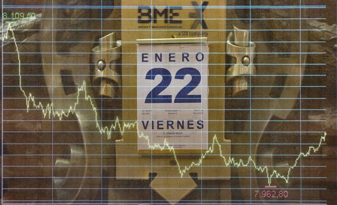 Calendario colocado en el Palacio de la Bolsa, en Madrid, (España), a 22 de enero de 2021. Durante este viernes el Ibex 35 retrocedía un 1,6% en la media sesión, lo que ha llevado al selectivo a situarse en los 7.991,9 enteros a las 12.02 horas, pese al