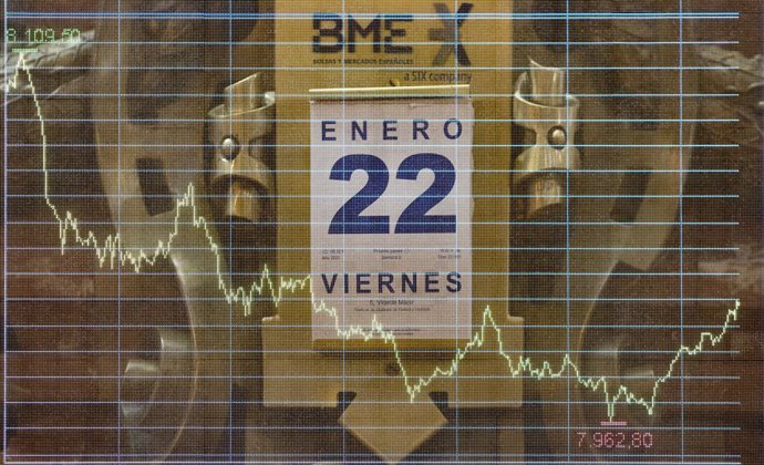 Calendario colocado en el Palacio de la Bolsa, en Madrid, (España), a 22 de enero de 2021. Durante este viernes el Ibex 35 retrocedía un 1,6% en la media sesión, lo que ha llevado al selectivo a situarse en los 7.991,9 enteros a las 12.02 horas, pese al