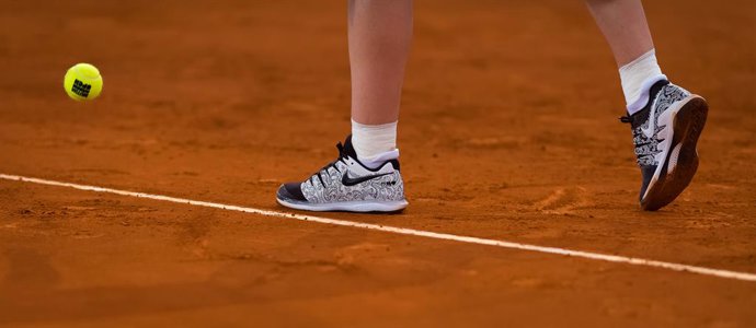 Simona Halep of Romania in action during her third-round match at the 2019 Mutua Madrid Open WTA Premier Mandatory tennis tournament