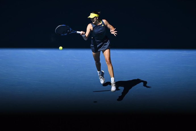 Garbine Muguruza of Spain in action during her first Round Women's singles match against Margarita Gasparyan of Russia on Day 2 of the Australian Open at Melbourne Park in Melbourne, Tuesday, February 9, 2021. (AAP Image/Dave Hunt) NO ARCHIVING, EDITORI