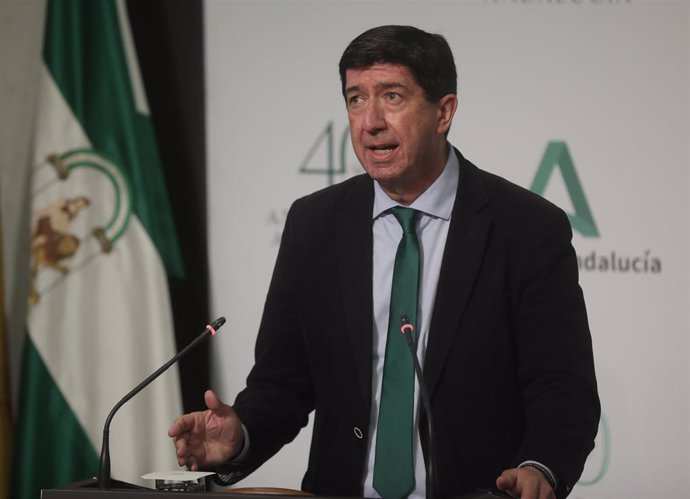 El vicepresidente de la Junta y consejero, Juan Marín, este martes en la rueda de prensa del Consejo de Gobierno.