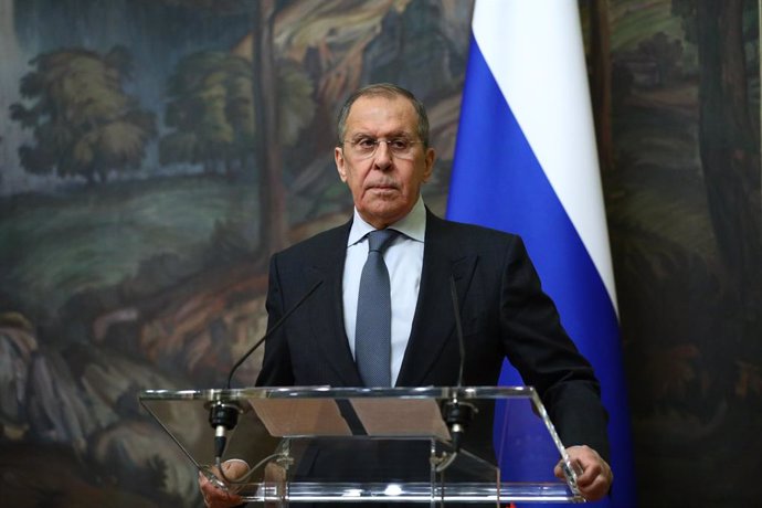 HANDOUT - 14 January 2021, Russia, Moscow: Russian Foreign Minister Sergey Lavrov and his Saudi counterpart Faisal bin Farhan al-Saud (not pictured) attend a joint press conference following their meeting. Photo: -/Russian Foreign Ministry/dpa - ATTENTI