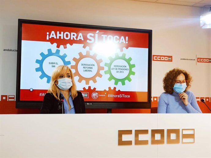 Las secretarias generales de UGT y CCOO-A, Carmen Castilla y Nuria López, en la presentación de estas movilizaciones.