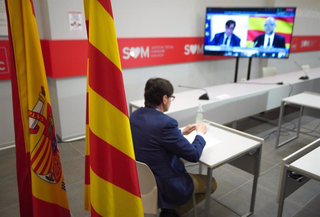 El candidat del PSC a les eleccions catalanes, Salvador Illa, en una conferència telemàtica durant la campanya electoral del 14-F.