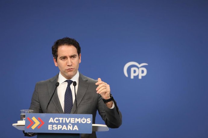 El secretario general del Partido Popular, Teodoro García Egea, ofrece una rueda de prensa en la sede nacional del partido tras el Comité de Dirección, en Madrid (España), a 19 de enero de 2021.