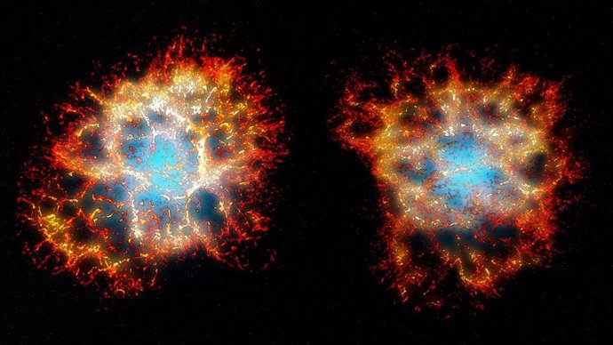 Reconstrucción en 3D del remanente de la nebulosa del Cangrejo visto desde la Tierra (derecha), y desde otro punto de vista mostrando su morfología en forma de corazón (izquierda).