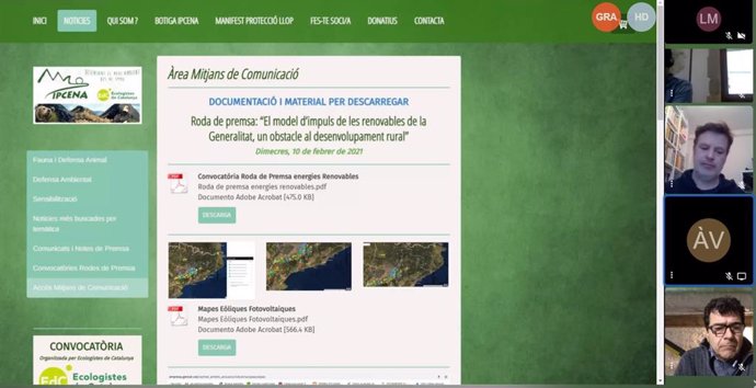 Rueda de prensa telemática organizada por ecologistas de Catalunya para pedir reinventar el modelo de impulso de las renovables de la Generalitat