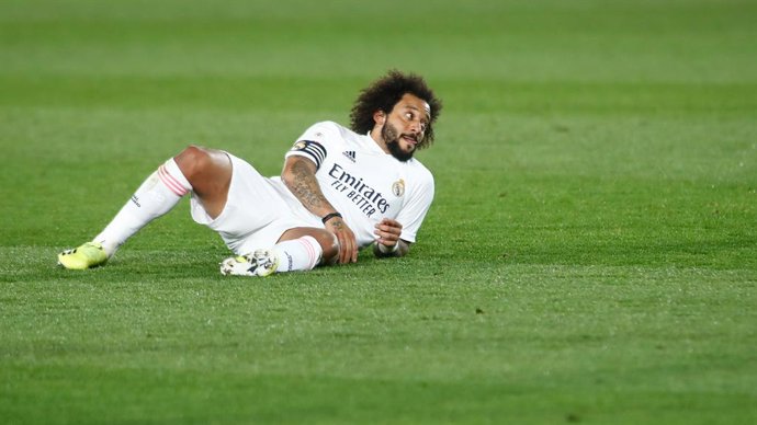 Marcelo Vieira of Real Madrid laments during the spanish league, La Liga Santander, football match played between Real Madrid and Getafe CF at Ciudad Deportiva Real Madrid on february 09, 2021, in Valdebebas, Madrid, Spain.