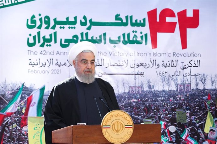 El presidente de Irán, Hasán Rohani, durante un acto por el 42 aniversario de la Revolución Islámica