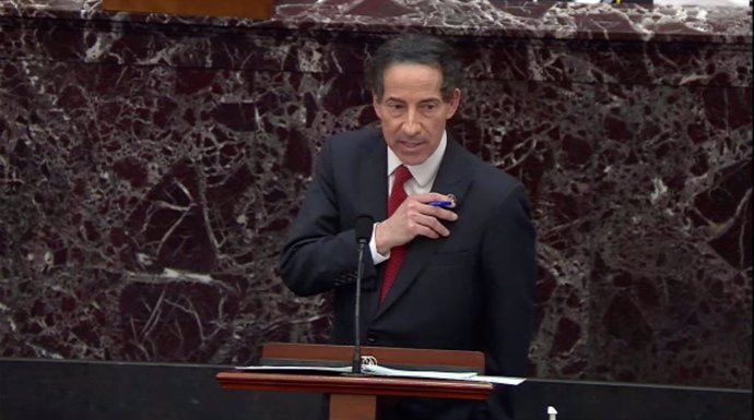 February 9, 2021 - Washington, DC, United States: United States Representative Jamie Raskin (Democrat of Maryland), the lead US House manager, shows his members pin as he describes his and his familys experiences as the insurrection in the US Capitol 