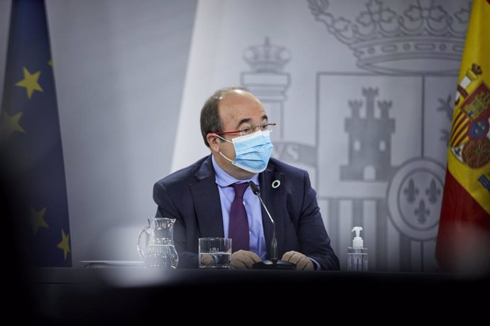 El ministre de Política Territorial i Funció Pública, Miquel Iceta durant una roda de premsa després de la reunió del Consell Interterritorial del Sistema Nacional de Salut, a Madrid (Espanya), a 10 de febrer de 2021.