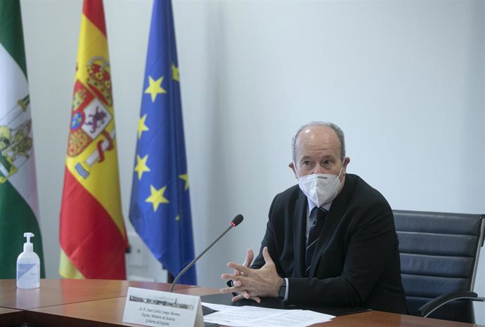 El ministro de Justicia, Juan Carlos Campo, durante su intervención en el acto sobre la firma del convenio de cesión de terrenos en el campus de la UPO.