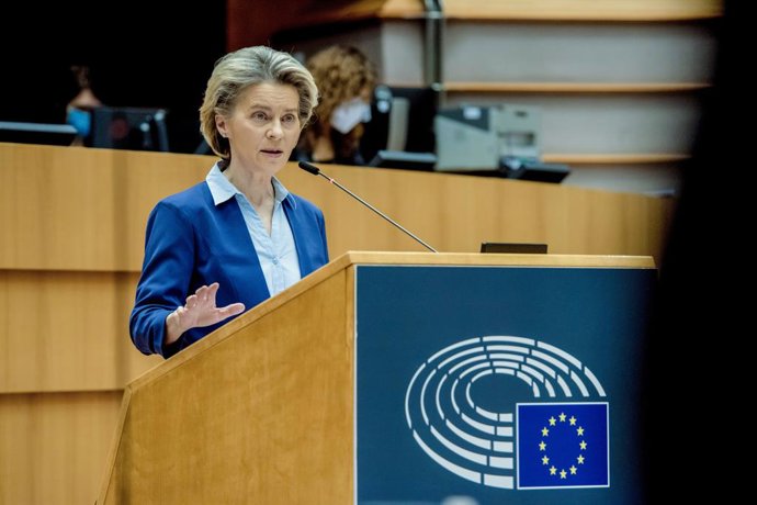 HANDOUT - 10 February 2021, Belgium, Brussels: European Commission President Ursula von der Leyen speaks during a plenary debate on the united EU approach to coronavirus (COVID-19) vaccinations at the European Parliament. Photo: Etienne Ansotte/European
