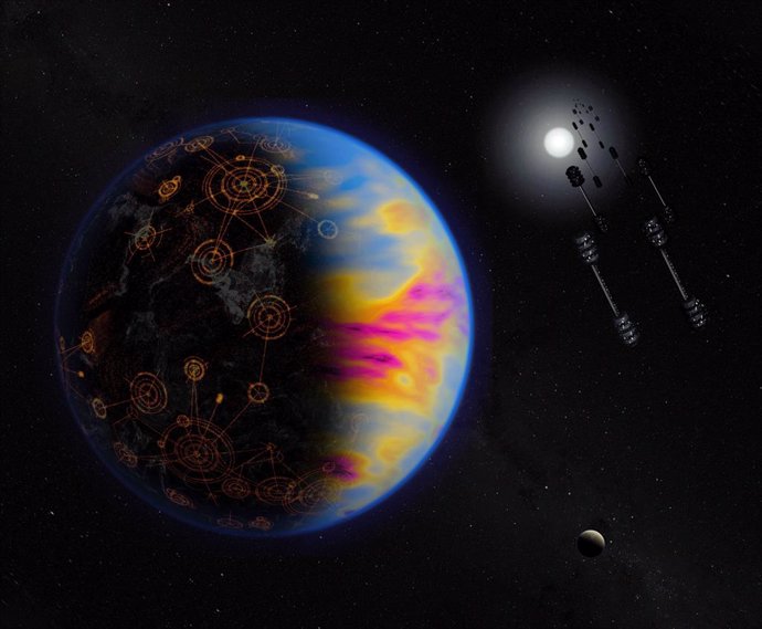 Ilustración artística de un exoplaneta tecnológicamente avanzado. Los colores están exagerados para mostrar la contaminación industrial, que de otra manera no es visible.