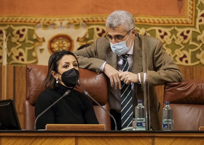 La presidenta del Parlamento, Marta Bosquet, conversa con el Letrado Mayor, Ángel Marrero, en una imagen de este jueves en el Pleno.