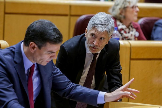 El presidente del Gobierno, Pedro Sánchez (i), habla con el ministro de Interior, Fernando Grande-Marlaska en el Senado.