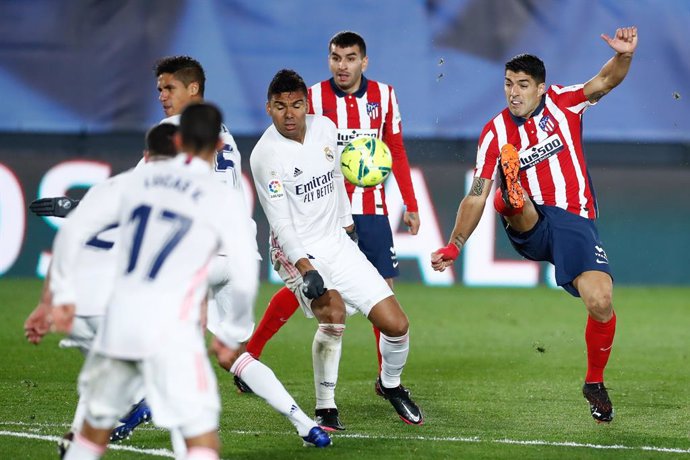 Luis Suarez of Atletico de Madrid in action during the spanish league, La Liga Santander, football match played between Real Madrid and Atletico de Madrid at Ciudad Deportiva Real Madrid on december 12, 2020, in Valdebebas, Madrid, Spain