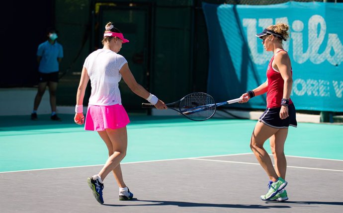Laura Siegemund of Germany & Vera Zvonareva of Russia play doubles at the 2021 Abu Dhabi WTA Womens Tennis Open WTA 500 tournament.