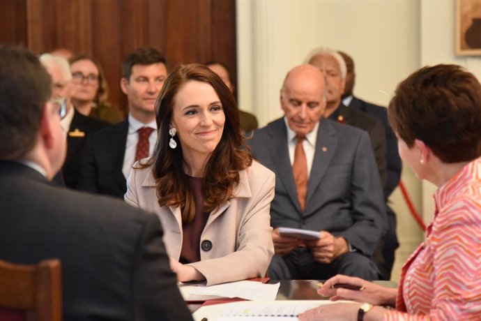 New Zealand Prime Minister Jacinda Ardern accepts her formal appointment as Prime Minister from Governor General Patsy Reddy in a ceremony at New Zealand's Government House in Wellington, Friday November 6, 2020. (AAP Image/Ben McKay) NO ARCHIVING, EDIT